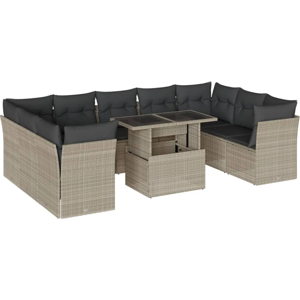 vidaXL 10-delige Loungeset met kussens poly rattan lichtgrijs grijs, foto 3