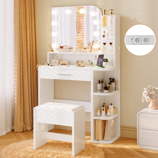 Mihtrov Kaptafel - Make Up Tafel - Inclusief Krukje - Met Spiegel en 10 LED Lampen - Met Stopcontacten & USB-poorten - 3 Lichtkleuren - 1 Laden en 6 Planken - Eenvoudige Montage - H 138 x B 67 x D 36 cm - Voor Slaapkamer Kleedkamer - Wit