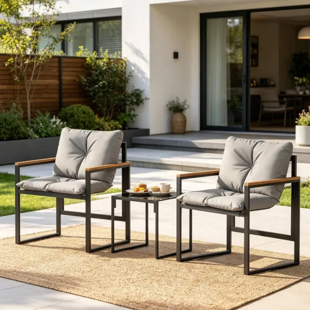 DESMIU Stoel Loungeset - Twee Stoelen Met Kussens En Tafel - Voor Balkon, Terras, Tuin En Veranda - Metaal En Textileen - Zwart Grijs