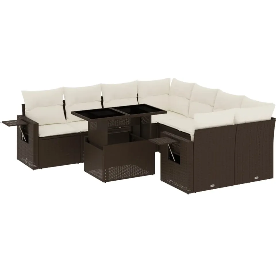 vidaXL 9-delige Loungeset met kussens poly rattan bruin, foto 3