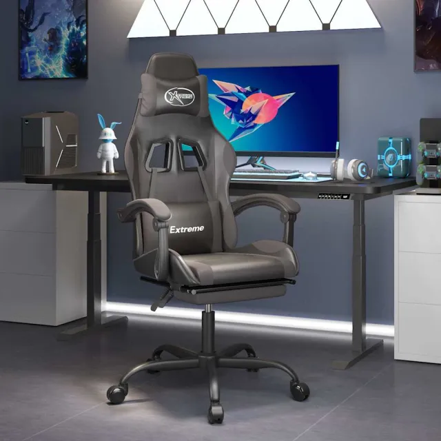 vidaXL Gamestoel draaibaar met voetensteun kunstleer zwart en grijs, foto 2