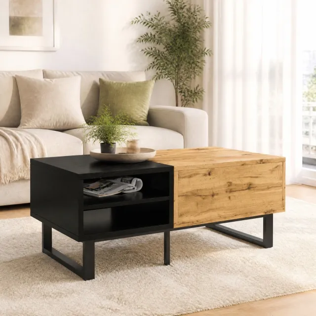 Maisentiel Salontafel 100 x 50 cm met vakken en lade, spaanplaat, houtkleur en zwart Naturel