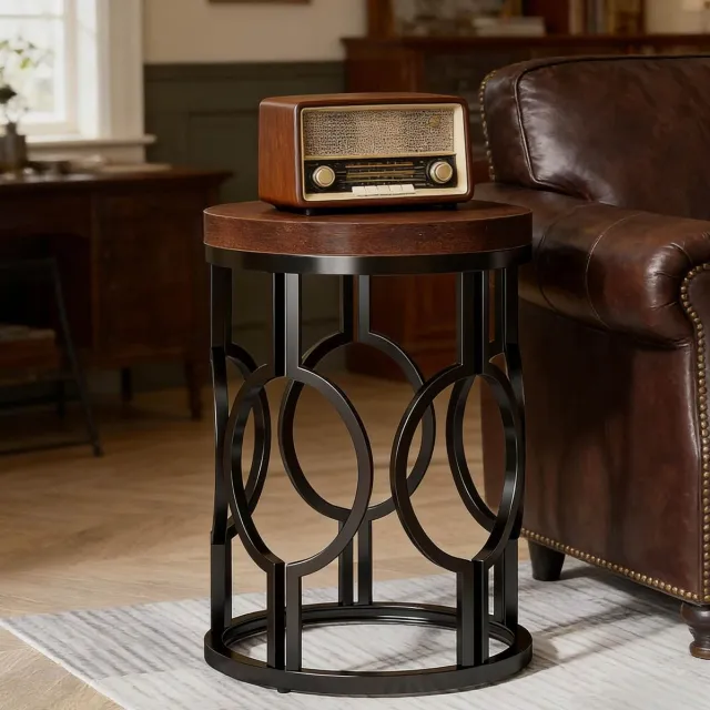 HAUSS SPOLE Bijzettafel - Ronde Tafel In Industriële Stijl Met Stevig Frame - Voor Woonkamer En Slaapkamer - MDF En Metaal - Ø45 Cm - Zwart Rustiek Bruin
