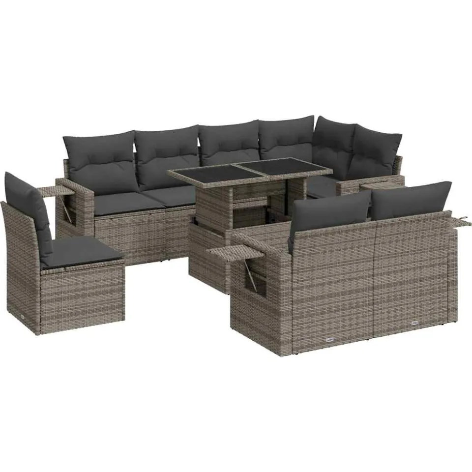 vidaXL 9-delige Loungeset met kussens poly rattan grijs, foto 3