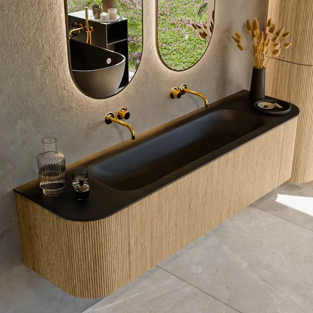Mondiaz KURVE 170 cm Onderkast Greeploos 1 Lade Met Deuren Oak, Wastafel Solid Surface Midden Urban 0 Kraangaten Zonder Spiegel (KRVBGL170L+R1L2D0KM-Oak/Urb)