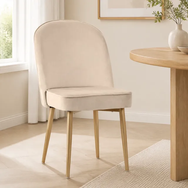 Maisentiel Set van 2 eetkamerstoelen – beige velvet – gouden metalen poten – 45,5 x 62 x 87,5 cm
