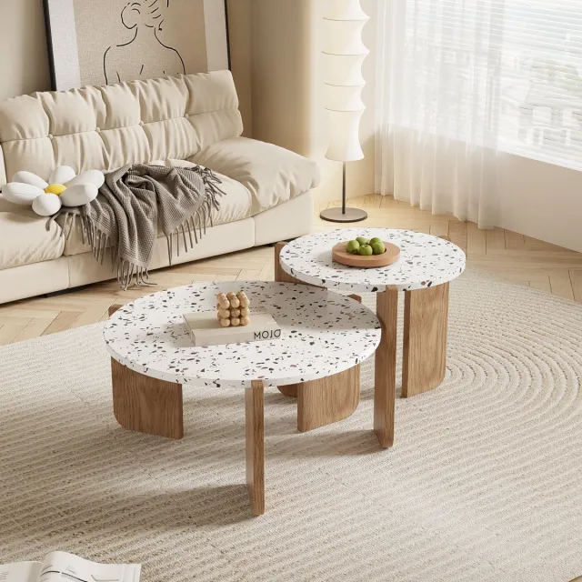 Wishdor Nesting couchtafelset MDF Natural – 2-delig, kunstzinnige patronen, robuuste poten, 70×70×35 & 50×50×45,5 cm Natuurlijk