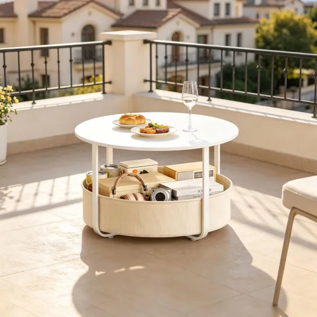 DESMIU Salontafel - Ronde Tafel Met Opbergmand - Modern Voor Woonkamer En Zitruimte - Metaal En Spaanplaat - Ø 80 X 50 Cm - Beige Wit