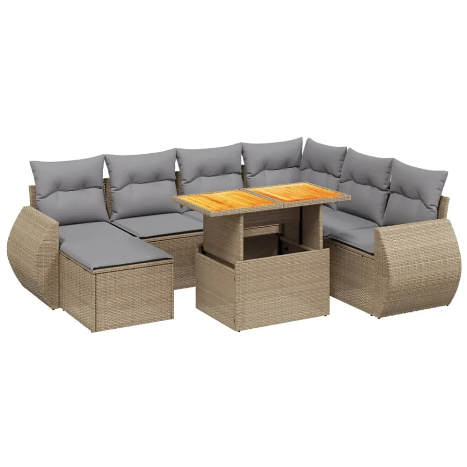 vidaXL 8-delige Loungeset met kussens poly rattan beige, foto 3