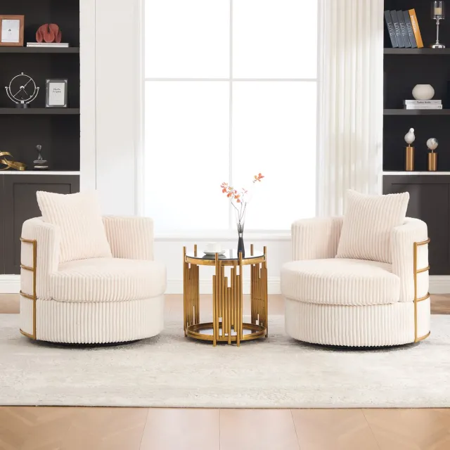 DESMIU Fauteuilset - 360 Graden Draaibaar Met Opbergruimte Onder Zitting - Voor Woonkamer En Slaapkamer - Ribfluweel - 76x79x78 Cm - Beige