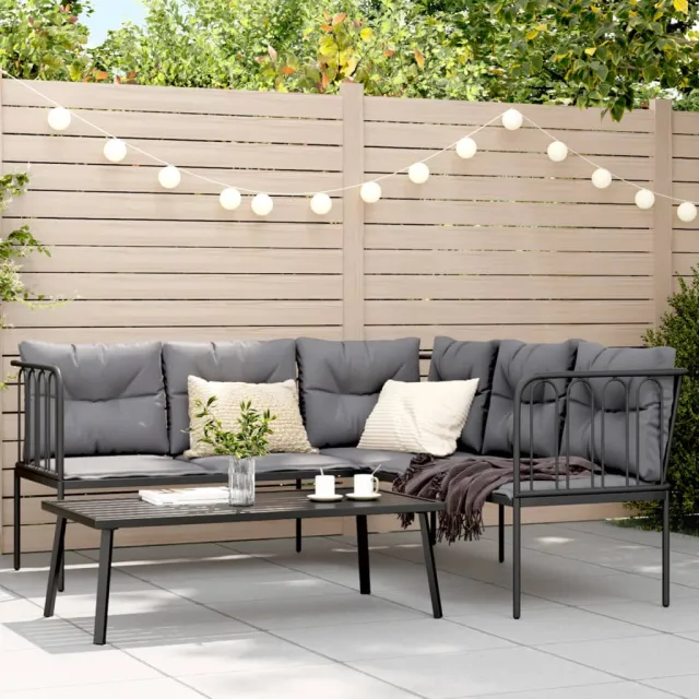 vidaXL Loungeset met kussens staal en textileen zwart, foto 2