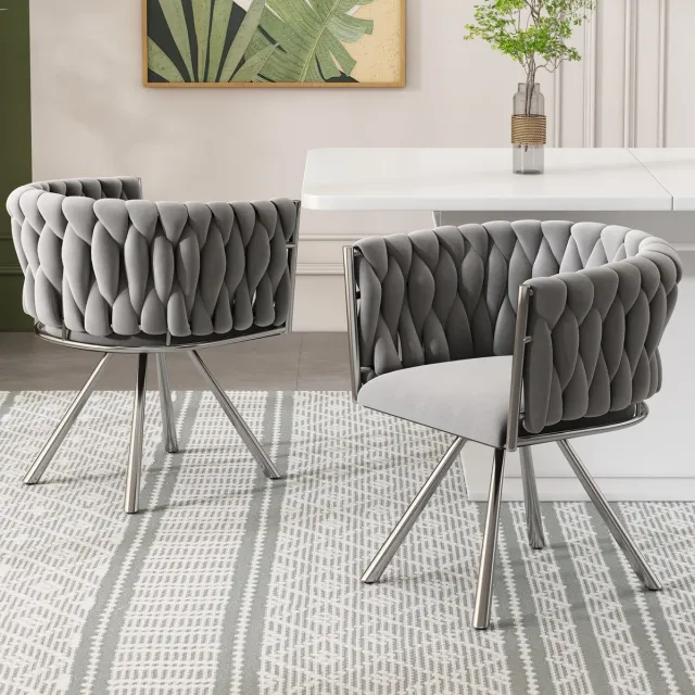 COVREO Eetkamerstoel 59x54x72 cm – velvet grijs en zilver, 360 graden draaibaar, set van 2
