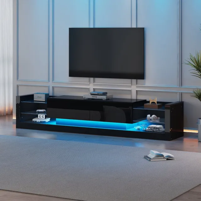 Wishdor Tv-Meubel - Hoogglans Afwerking - Ledverlichting - Met Glasfront - Met 2 Kleplades - Spaanplaat - Zwart - 181 X 38 X 38 Cm