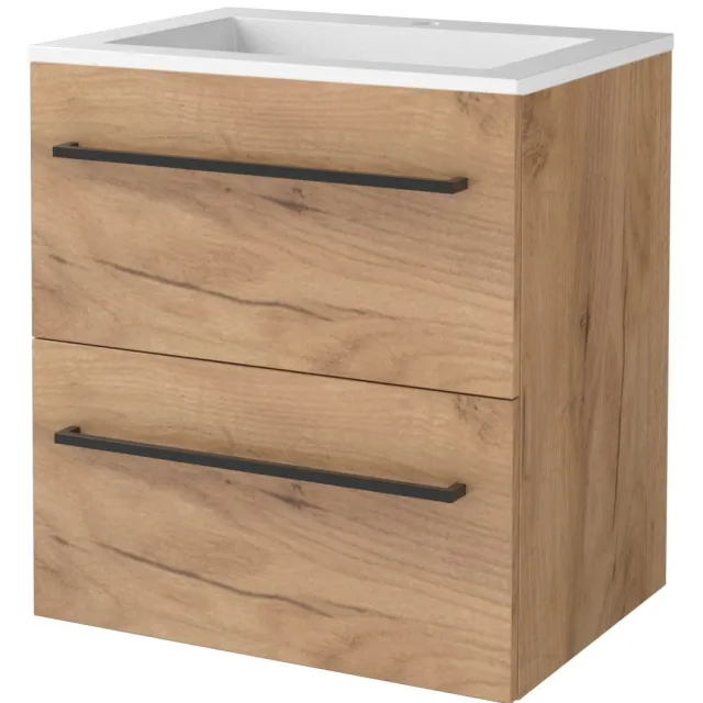 Boss & Wessing Badmeubelset BWS Salt 60x46cm Met Grepen 2 Lades Met Wastafel Acryl 1 Kraangat Whisky Oak Bruin
