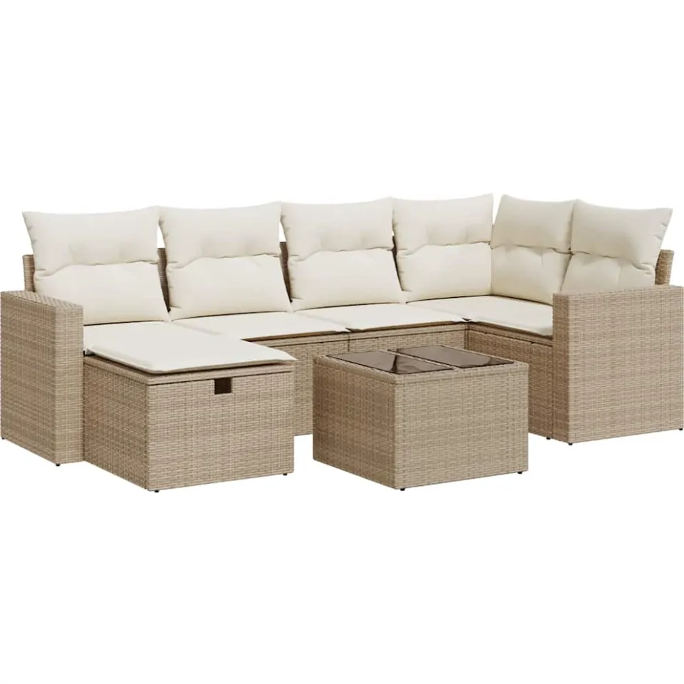 vidaXL 7-delige Loungeset met kussens poly rattan beige, foto 3