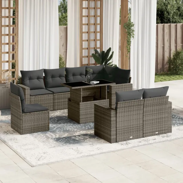 vidaXL 9-delige Loungeset met kussens poly rattan grijs, foto 2