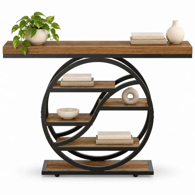 DMG Supply Consoletafel - Rond Metaalframe - 6 Niveaus - 120 x 30 x 88 cm - Bruin en Zwart - Houtmateriaal en Metaal