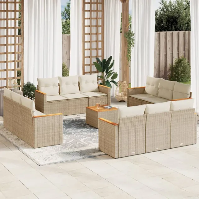 vidaXL 13-delige Loungeset met kussens poly rattan beige, foto 2