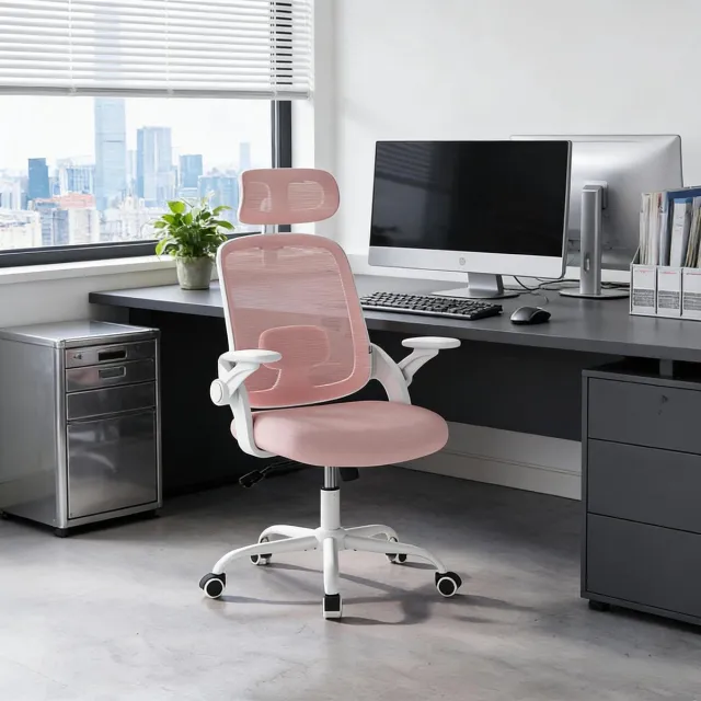 OKWISH Bureaustoel - Ergonomisch Met Hoge Rugleuning - Verstelbaar - Metaal En Mesh - Roze - Voor Kantoor En Studie