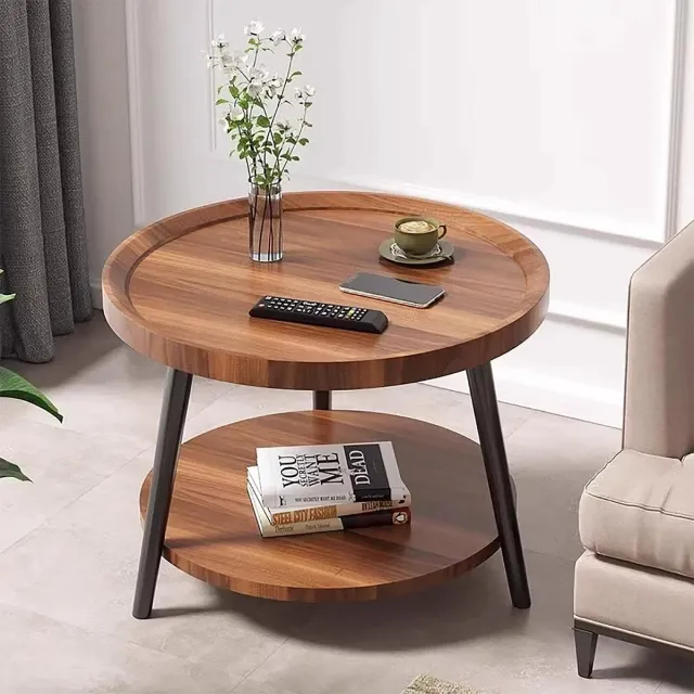 Ibenzoa Stijlvolle ronde bijzettafel met twee opbergplanken voor woonkamer en slaapkamer Bruin