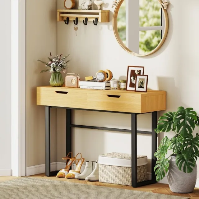 MEUNIQ smalle sidetable 110 x 35 x 76,5 cm met 2 lades, metalen frame en naturel houtlook voor hal, woonkamer of achter de bank Natural Wood