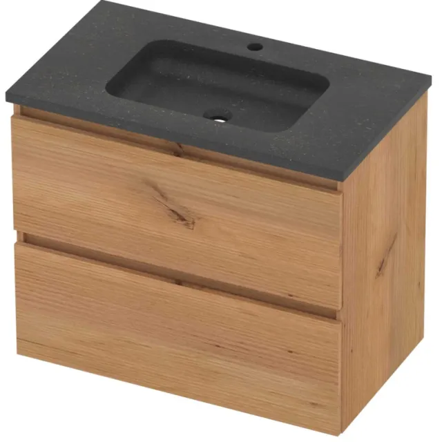 Basic-Line Rocky 46 Badmeubelset Hardsteen 1 Kraangat Greeploos 80x46x62 cm Whisky Oak Blue Stone Grijs