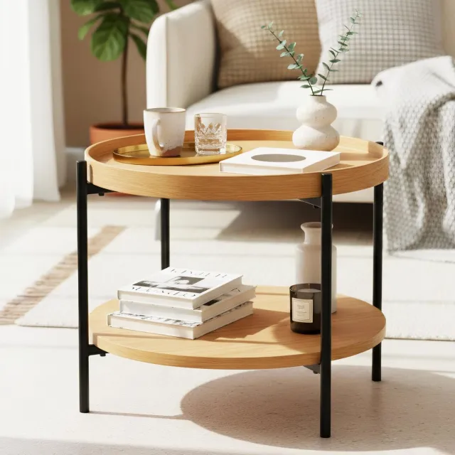 CLP Salontafel Corbitan - rond - met opbergruimte - hout - bijzettafel - zwart metalen frame - 50 cm natura