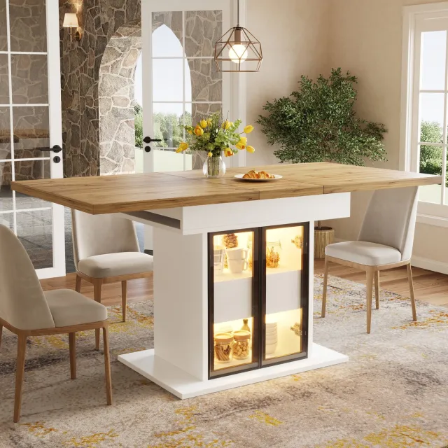 REDOM Uitschuifbare eettafel met opbergruimte - Glazen schuifdeuren en 2 lades - RGB-ledverlichting - MDF en metaal - Wit - 110-140 x 80 x 77,9 cm