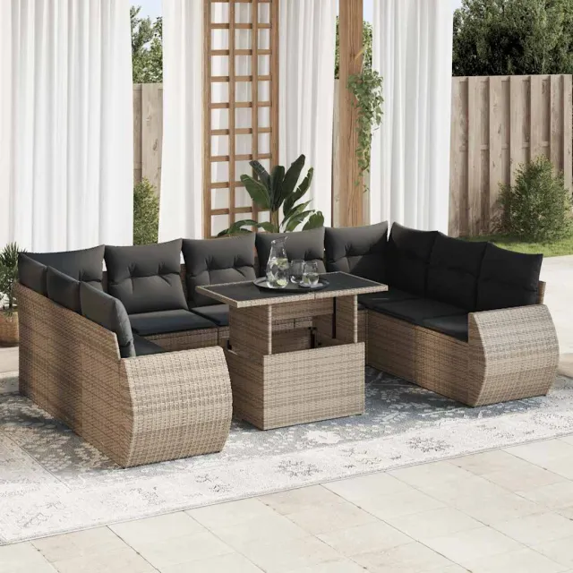vidaXL 10-delige Loungeset met kussens poly rattan grijs, foto 2