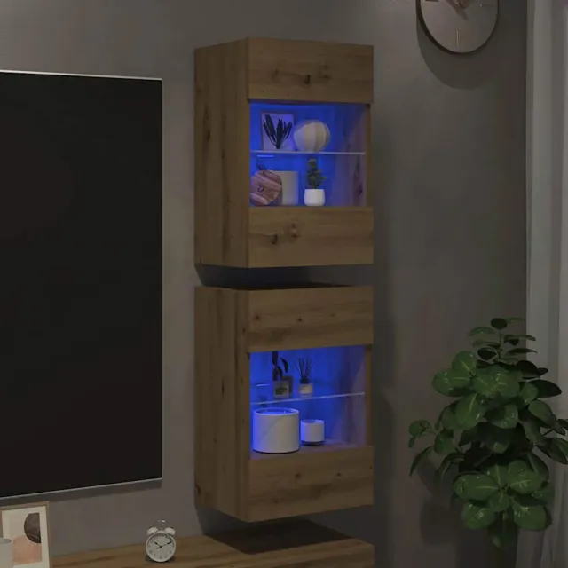 vidaXL Wandkasten met LED-verlichting voor tv 2 st artisanaal eiken Bruin