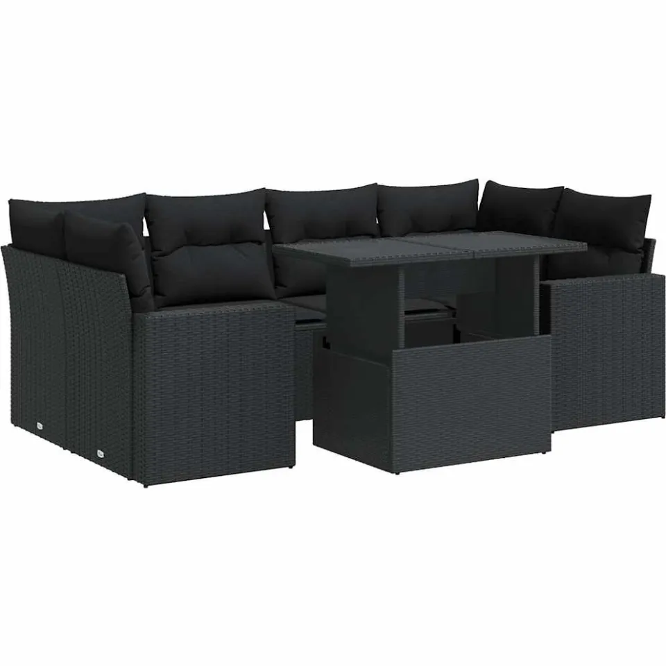 vidaXL 7-delige Loungeset met kussens poly rattan zwart, foto 3