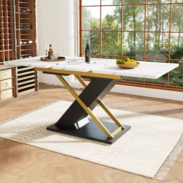 MEUNIQ uitschuifbare eettafel 120-160 x 80 cm met marmerlook tafelblad, X-vormige poten en metalen geleiders, rechthoekige tafel voor eetkamer of keuken, zwart
