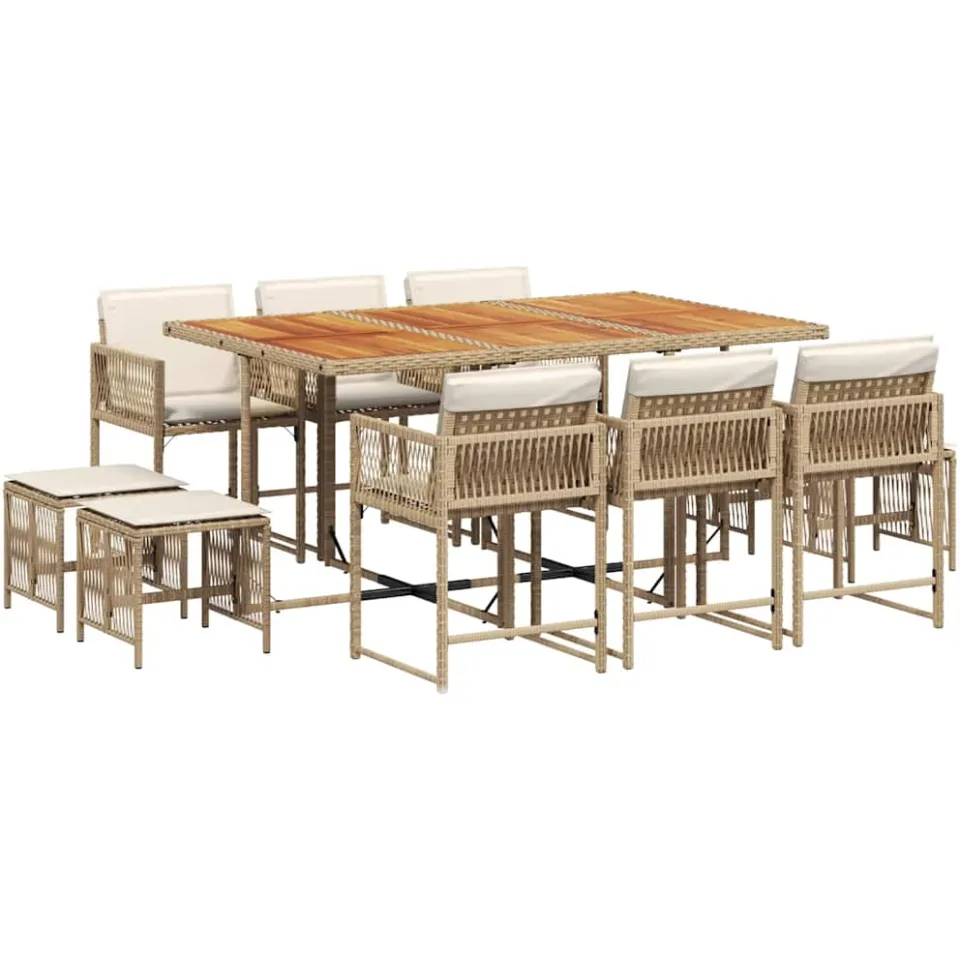 vidaXL 11-delige Tuinset met kussens poly rattan beige