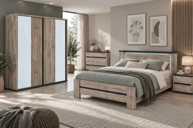 oosterlynck Slaapkamer Elvira 5-delig - bed 180 x 200 cm - kast 240 cm met spiegels - Canada eik Canada eik met donkere accenten