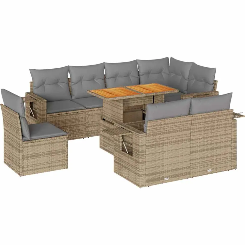 vidaXL 9-delige Loungeset met kussens poly rattan beige, foto 3