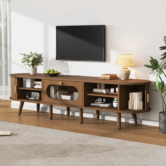 STILVORA Tv-Meubel - Twee Roldeuren En Lade Met Transparant Acrylfront - Voor Woonkamer En Tv Tot 70 Inch - Mdf - 170x40x43 Cm - Walnootkleur