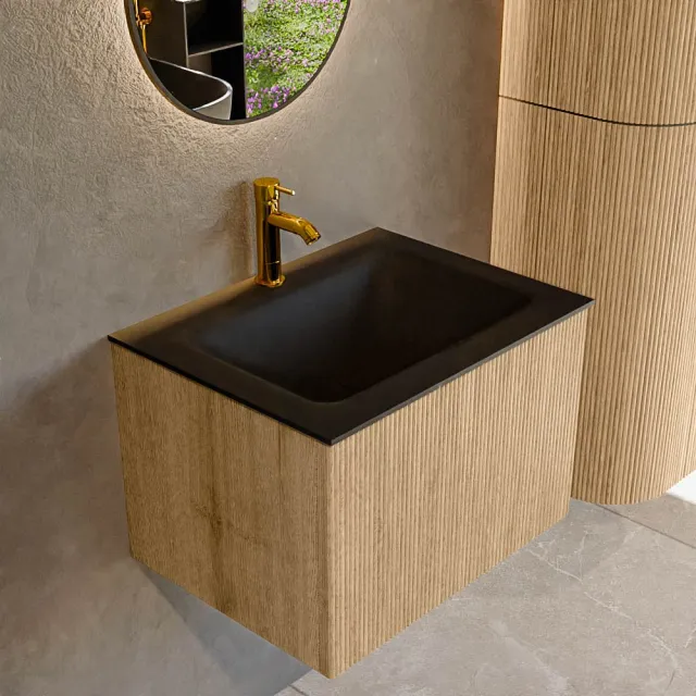 Mondiaz KURVE 60 cm Onderkast Greeploos 1 Lade Zonder Deuren Oak, Wastafel Solid Surface Midden Urban 1 Kraangat Zonder Spiegel (KRVCLO601L0D1KM-Oak/Urb)