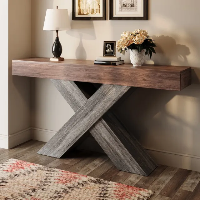 Wishdor Sidetable - X-poot - Industrieel smal ontwerp voor hal, woonkamer en trapopgang - Walnoot bewerkt hout - Rechthoekig - 140 x 30 x 80 cm Walnut