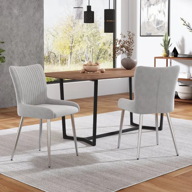 HAUSS SPOLE Fluwelen Eetkamerstoel Set Van 2 - Met Lendensteun, Zachte Zit - Stevige Metalen Poten - Voor Eetkamer Woonkamer Slaapkamer - Zonder Matras - Grijs Beige