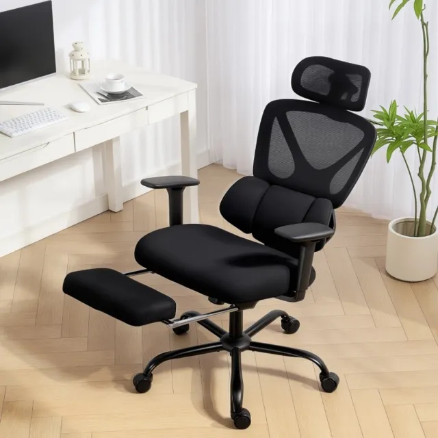 REDOM Ergonomische bureaustoel - Lendensteun - 3D-armleuningen en verstelbare hoofdsteun - Uitschuifbare voetsteun - Mesh en kunststof - Zwart - 73 x 75 x 128 cm