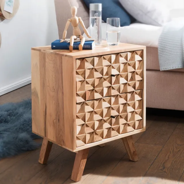 Ervesto Nachtkastje Rewa - Nachtkastje En Bijzettafel - Acacia Massief Hout - 44x61x35 Cm - Modern Landelijk Design - 2 Lades - Voor Boxspring En Slaapkamer Bruin