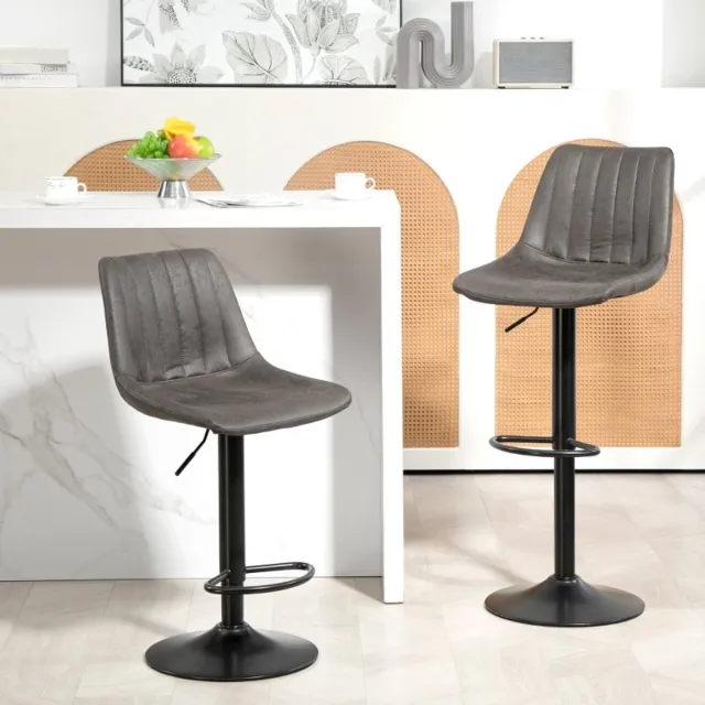 REDOM Barkruk - Set van 2 - In hoogte verstelbaar - Met voetsteunen - Hoge rugleuning - Retrodesign - Microvezelstof - Metalen onderstel - Donkergrijs - 43 x 46,5 x 89 tot 110 cm