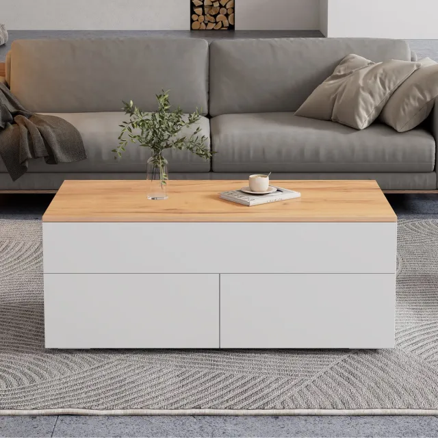 VVBV 100*50*40 cm Salontafel In hoogte verstelbare salontafel met verborgen opbergruimte, salontafel met 2 lades, salontafel met halfopen opbergruimte, bijzettafel in wit + houtkleur