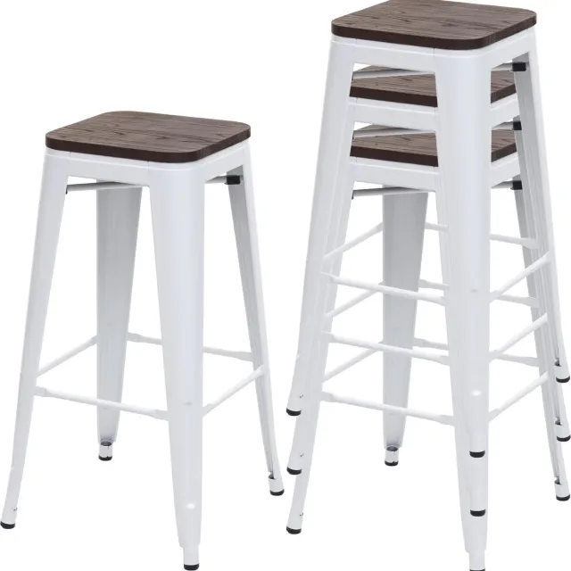 MCW Set van 4 barkrukken MCW-A73 incl. houten zitting, barkruk tegenkruk, metaal industrieel ontwerp stapelbaar ~ wit