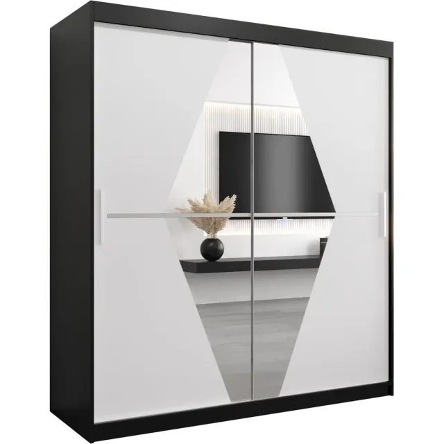 InspireME Kledingkast met 2 schuifdeuren, Modern-stijl, Een kledingkast met planken en een spiegel (BxHxD): 180x200x62 - BOLA 180 Zwart Mat + Wit Mat met 4 lades