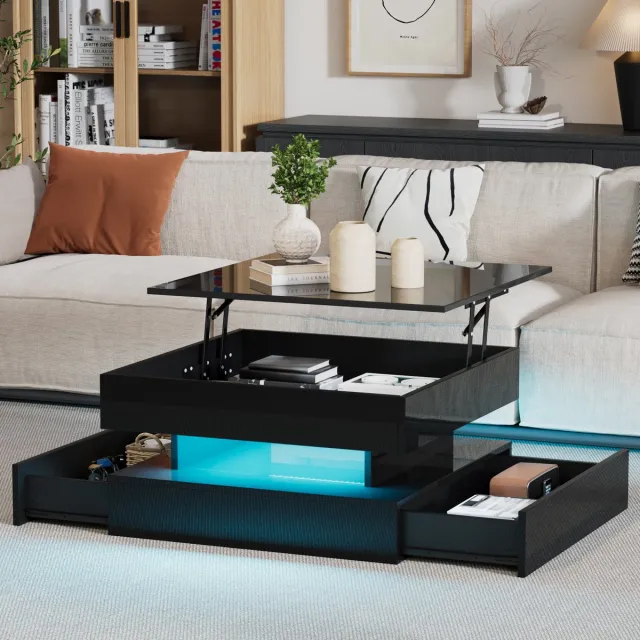 HAUSS SPOLE Salontafels - Koffietafel Met 2 Laden En Verstelbaar Blad - LED Rondom Top - 65x65x38,5 cm - Spaanplaat - Zwart