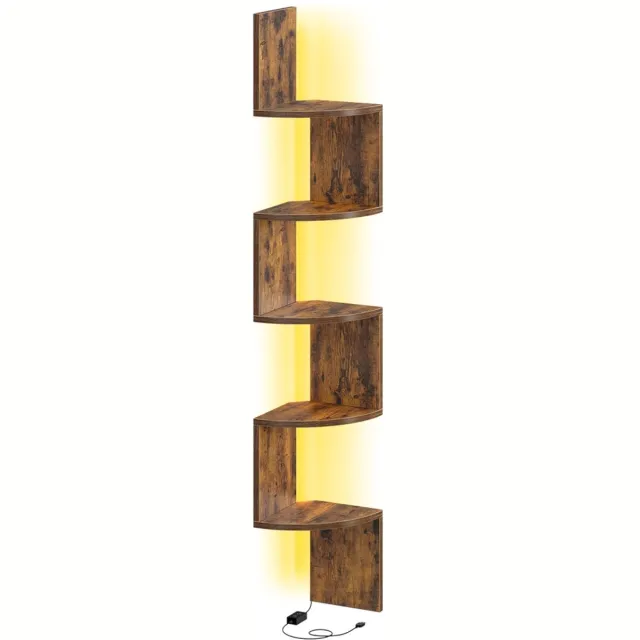 Vasagle Wandplank - Hoekplank - LED-Verlichting - Wandrek met 5 Niveaus - Voor Boeken en Planten Vintagebruin