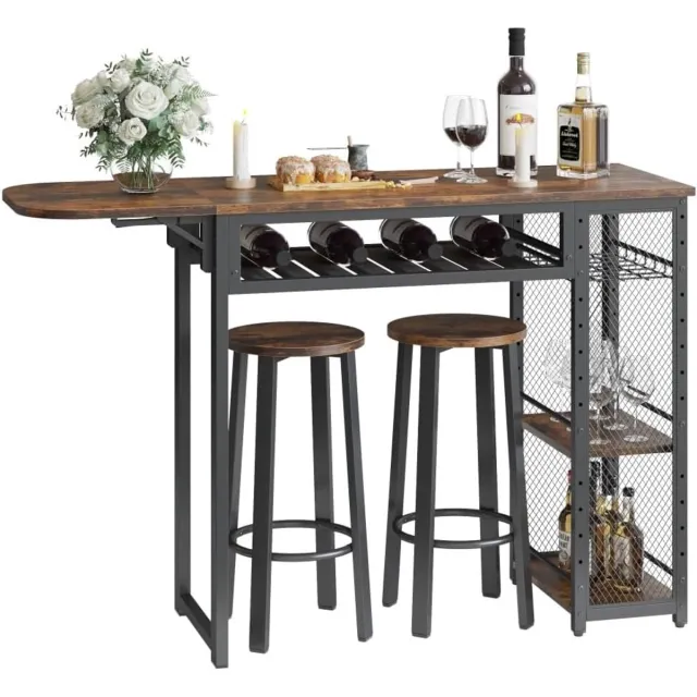 Kavo Bartafel - Barftafel met Wijnglashouder en Plank - Barfautset - Zwart en Bruin - 140cm x 40cm x 91cm