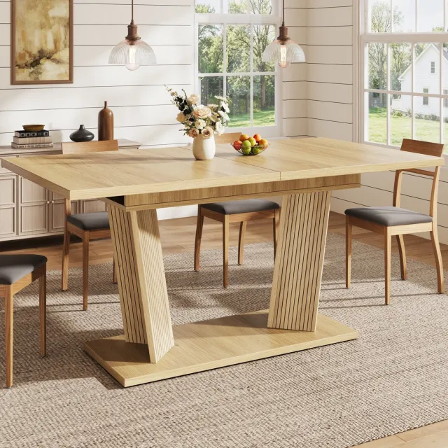 MODFU Uitschuifbare Eettafel - Dubbele Kolomvoet - MDF - Lichtbruin - 120-160 X 80 X 76 Cm Natuurlijk lichtbruin