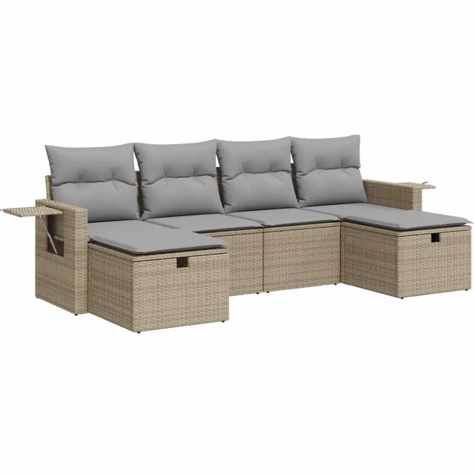 vidaXL 6-delige Loungeset met kussens poly rattan beige, foto 3